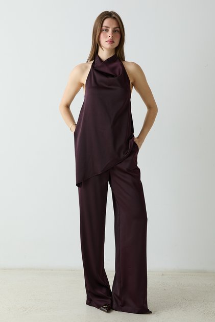 Plum Plain Degaje Collar Sleeveless Woven Satin Party Bottom - Top Set Tpraw26Au00005