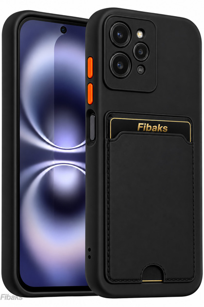 Redmi 12 Case with Camera Protection, Card Holder, Wallet, Red Button, Black Silicone Cover