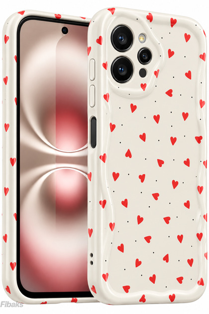 Redmi 12 Case Camera Protected Wave Edge Red Heart Pattern Silicone Cover