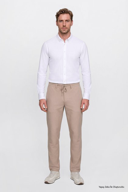 Men's Beige Slim Fit Slim Fit Tie Waist Side Pocket Seersucker Patterned Trousers