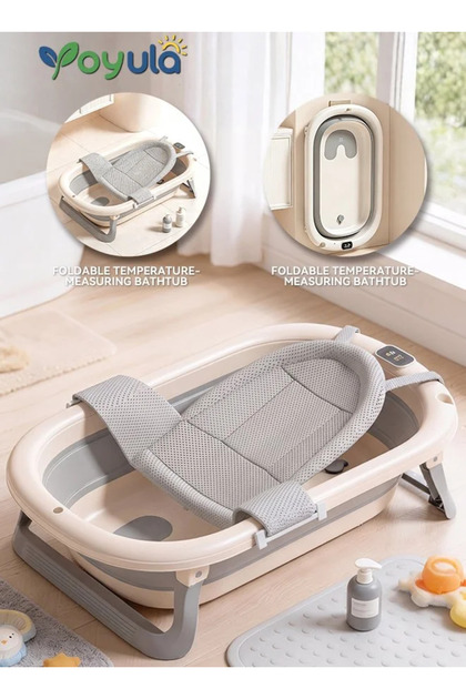 Digital Temp Sensing Foldable Baby Bathtub, Extended/Widened, Sit/Lie, Triangular Bath Net
