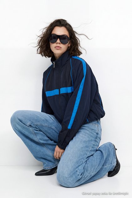 Navy Blue Oversize Color Block Summer Coat Twoaw27Mo00136