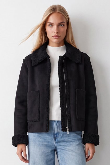 Black Double-Pocket Faux Fur-Lined Faux Suede Biker Jacket Prm0408