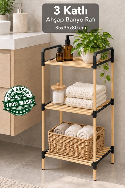 Wooden Bathroom Organizer - 3-Compartment Multi-Purpose Wooden Detachable Shelf for Detergents, Towels, Makeup Organizer