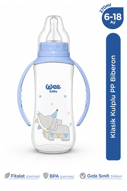 Klasik Kulplu PP Biberon 270 ml Mavi 6-18 Ay