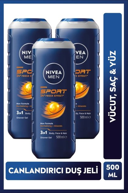Men Men's Revitalizing Bath and Shower Gel Sports 500ml, Body Facial Hair, X3 Pieces
