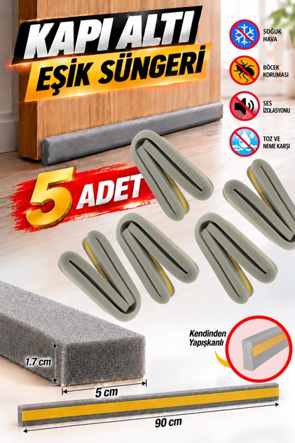5 Adet Yapışkanlı Kapı Altı Eşik Süngeri Bant Soğuk Isı Izolasyon Yalıtım Bandı Fitili Süngeri 90 cm