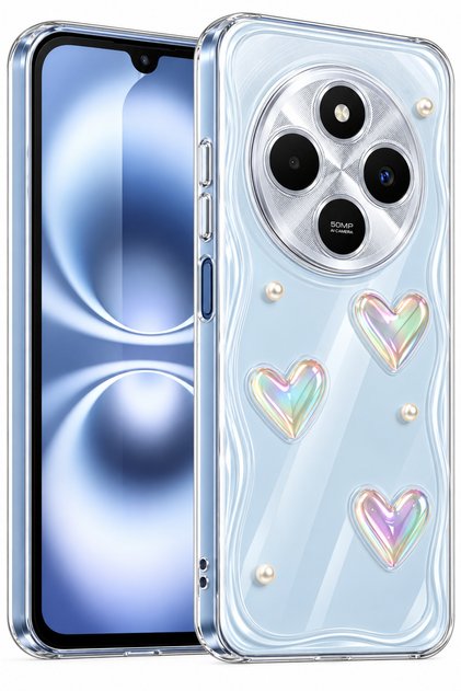 Redmi 14C Case 3D Heart Pearl Design Patterned Camera Protected Transparent Silicone Cover