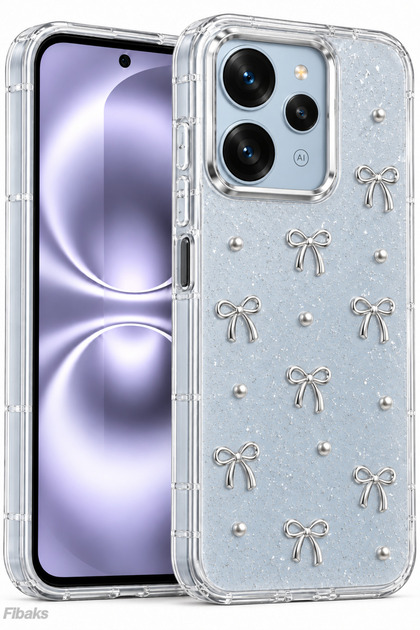 Redmi 12 Case with Bow Pattern Transparent Glitter Silver Shiny Cover with Camera Protrusion