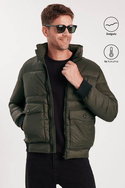 Men's Regular Fit Classic Cut Double Pocket Elastic Warm Mock Neck Khaki Coat