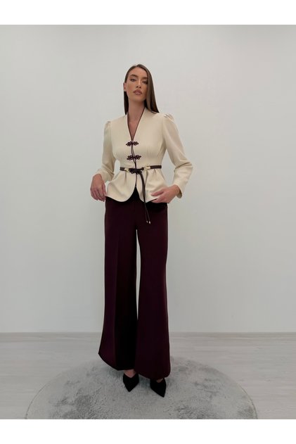 Avelina Belt Detail Blazer with Chinese-Style Buttons and Contrast Trims, Paired with Pants—Cream and Plum Suit