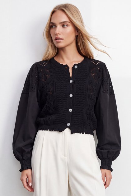 Black Crew Neck Openwork Sleeves Scalloped Crop Knitwear Cardigan Alc-X10077
