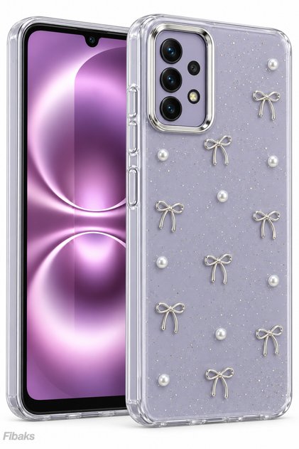 Galaxy A32 4G Kılıf Fiyonk Desenli Şeffaf Simli Gümüş Kamera Çıkıntılı Parlak Kapak