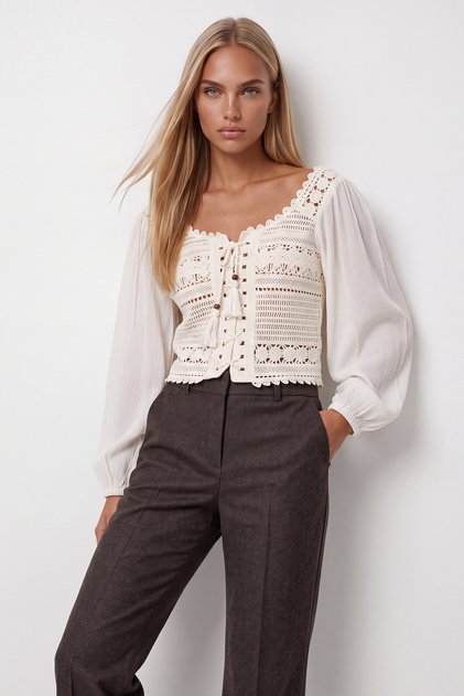 Ecru Square Collar Tie-Front Crochet Woven Crop Blouse Alc-X10028