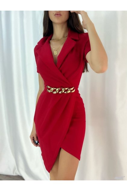 New Season Flexible Red Crepe Fabric Jacket Collar Short Sleeve Mini Dress 582212 706
