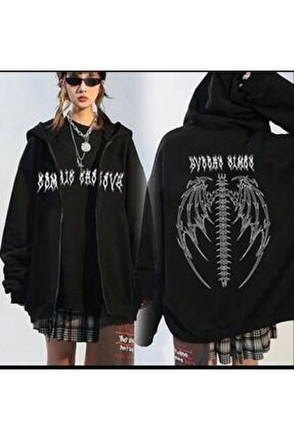 Gofeel Harajuku Kapüşonlu Sırt Baskılı Kanat Baskılı Fermuarlı