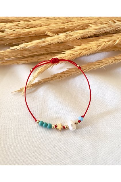 Natural Turquoise Real Pearl Star Red Lucky Bracelet