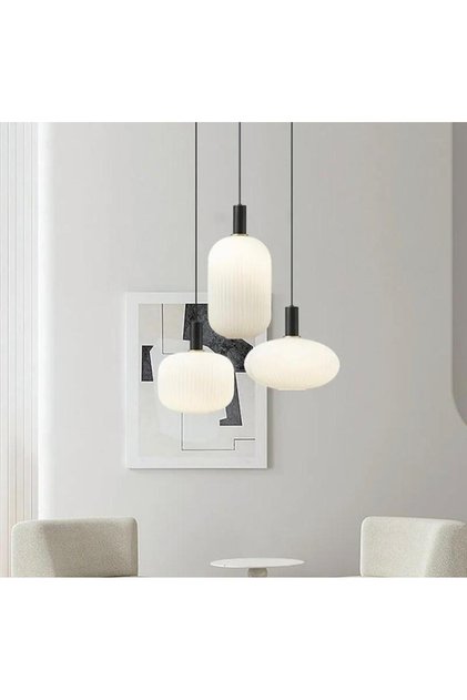 Rustik Dekoratif Metal Modern Yuvarlak Siyah Beyaz Opal Camlı 3 lü Avize
