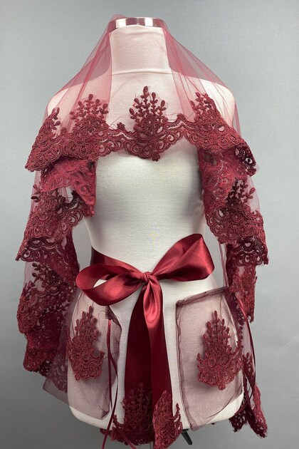 Accesoriu pentru mireasă Burgundy Hera Voal de mireasă cu henna – Accesoriu pentru mireasă, design elegant – Gelin Akse