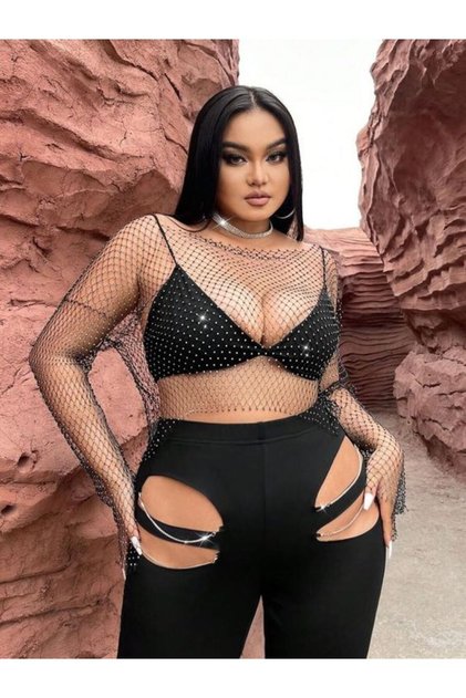 Büyük Beden Kadın Kristal Taşlı File Bluz Crop