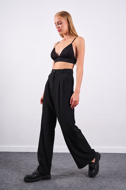 Black Striped Fabric Pleated Palazzo Trousers