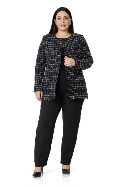 Large Size Pocketed Collarless Glitter Chanel Black Navy Blue Lined Jacket