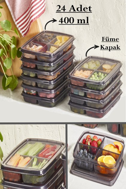 Smoked 24 Pieces 400 ml 4 Compartment Storage Container - Meat Vegetable Mincer Icebox Organizer