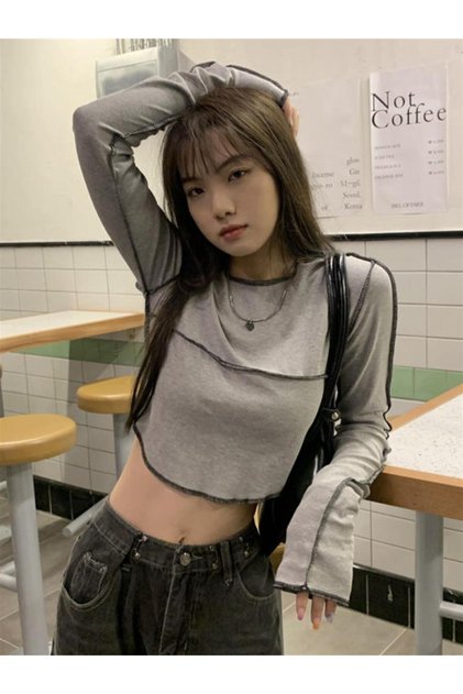 Y2K Grey Crop Top - Long Sleeve Streetwear with Reverse Stitching Detail
