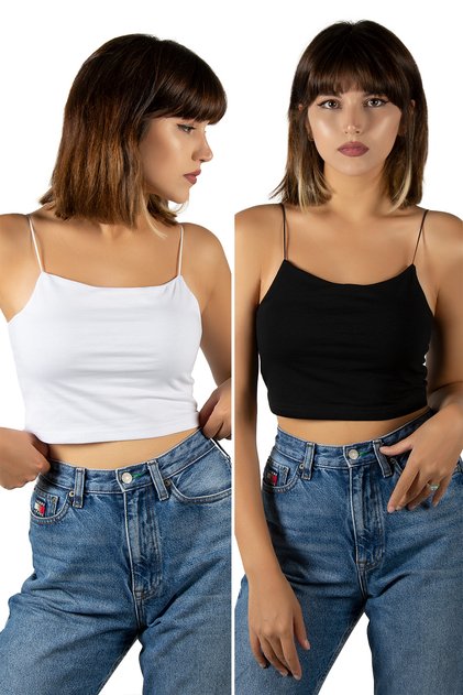 2'Li Paket Kadın Siyah-Beyaz Ip Askılı Pamuklu Crop Top Büstiyer Bluz Atlet