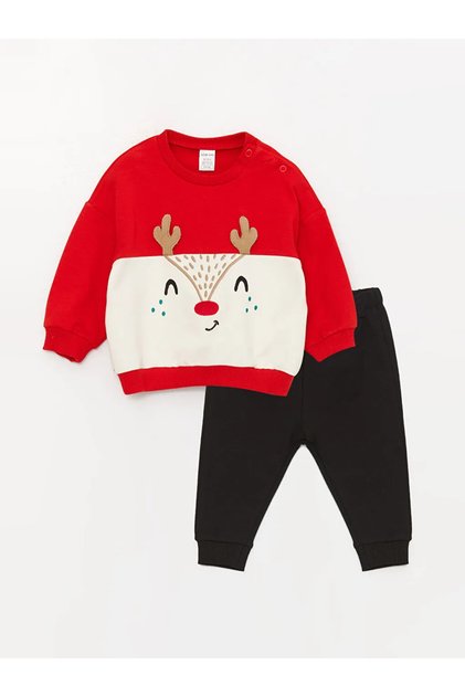 LCW baby Crew Neck Long Sleeve Printed Baby Boy Sweatshirt and Trousers 2-Piece Set