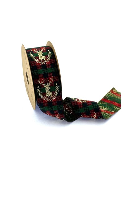 DEER PATTERNED GILVERY WOVEN CHRISTMAS RIBBON (40mm WIDTH - 10m LENGTH)