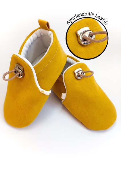 Mustard Velvet Anti-Slip Sole, Adjustable Elastic Baby Booties, Nursery Shoes, Home Boots slippers