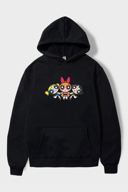 Y2k Harajuku - سويت شيرت بقلنسوة كبير الحجم بتفاصيل Power Puff Girl