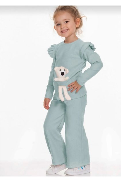 Girl's Top and Bottom Set Long Sleeve Blouse Loose Flared Leg Pants and Teddy Bear Set