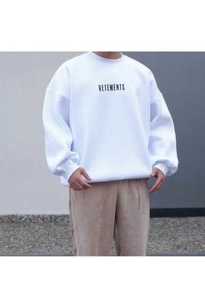 Vetements Цветна памучна блуза с голям размер и обло деколте, бяла