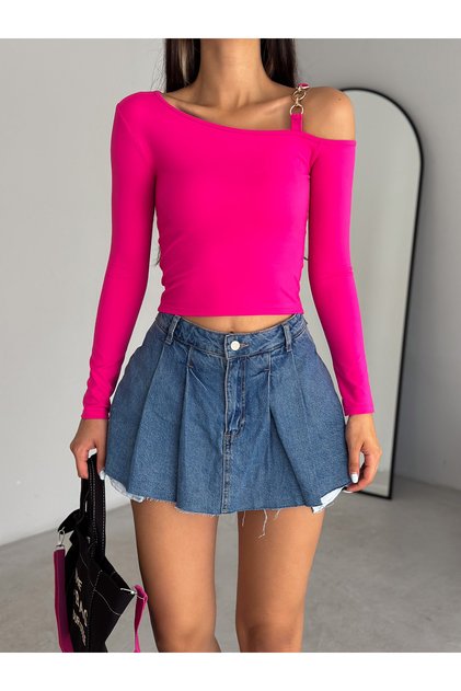 Women's Fuchsia One Shoulder Loop Long Sleeve Diving Fabric Crop Blouse