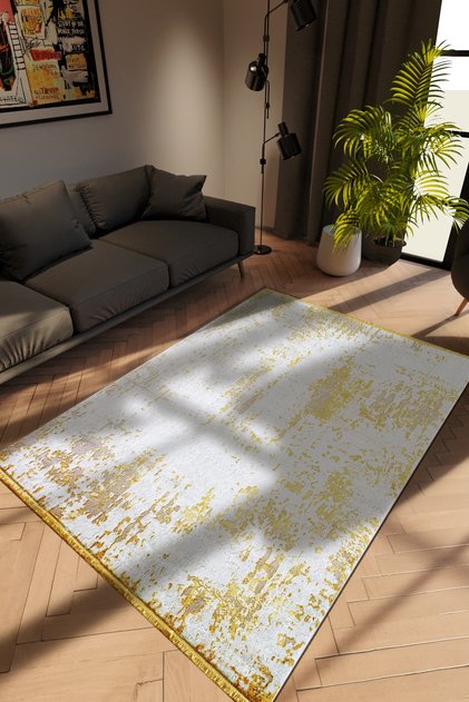 Eskitme Sarı Dijital Baskı Kaydırmaz İnce Yıkanabilir Halı