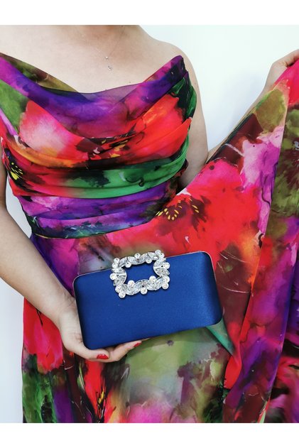 WOMEN'S SATIN NAVY BLUE EVENING DRESS WITH STONE BUCKLE CLUTCH PORTFOLIO HAND WEDDING ENGAGEMENT EVENING BAG