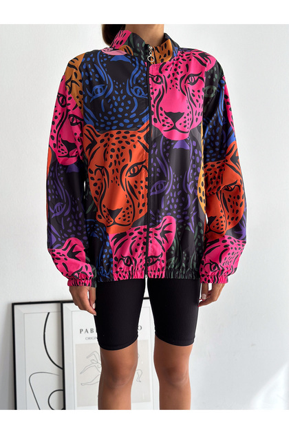 Renkli Leopar Oversize Fermuarlı Yağmurluk