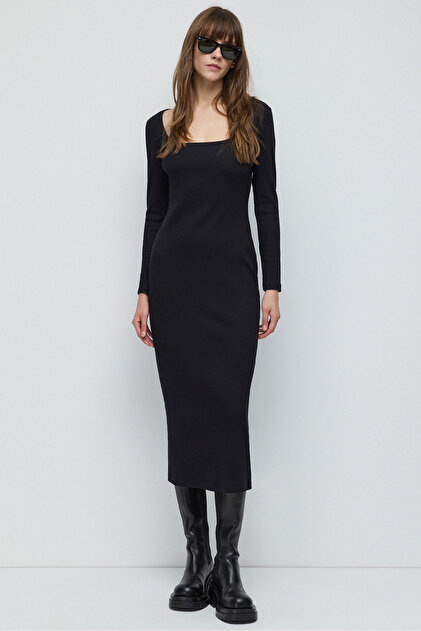 Kadın Bodycon Midi Elbise Kare Yaka Uzun Kollu Pamuklu