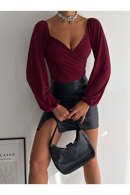 Kadın Bordo Uzun Balon Kol Ön Çapraz Büzgülü Sandy Kumaş Crop Bluz