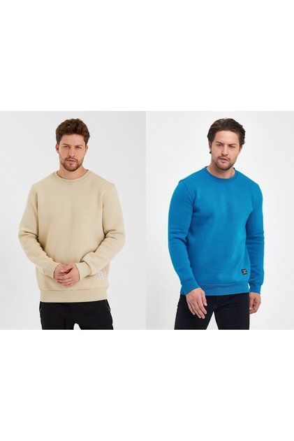 سويت شيرت رجالي بقصة ضيقة وياقة دائرية مكون من 2 سويت شيرت عادي غير مطبوع 3 خيوط أزرق Beige34