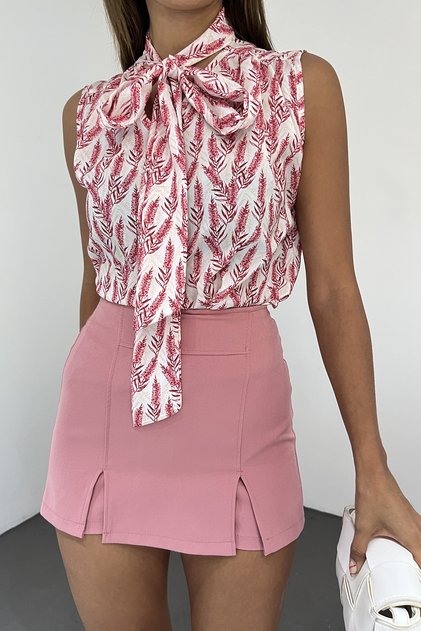 Women's Ecru Red Patterned Collar Tied Sleeveless Blouse