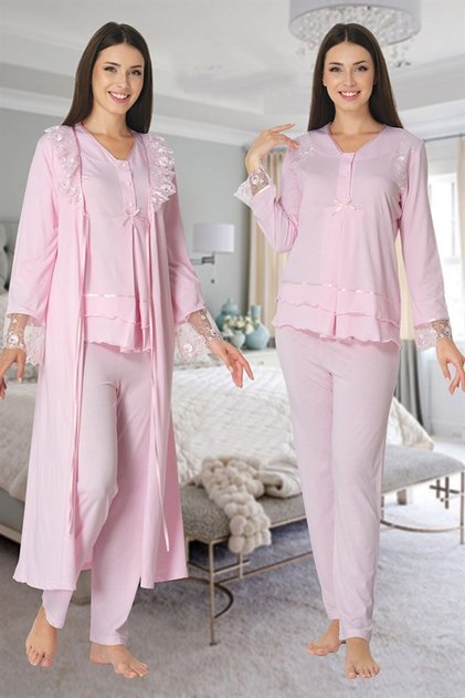 Women's Pink Lace Detailed Pregnant Maternity Dressing Gown Pajama Set