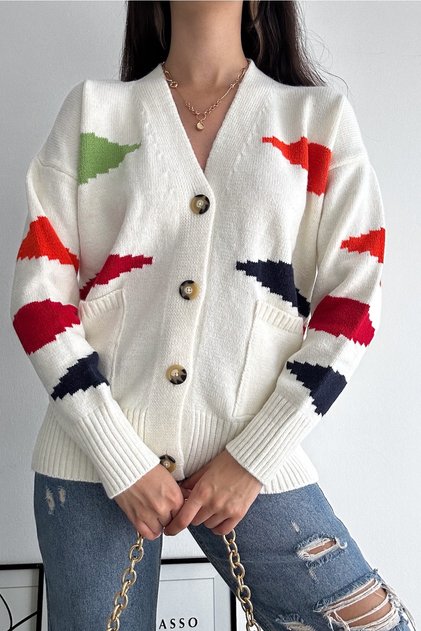Women's White New Season Double Pocket Color Detailed Standard Size Oversize Knitwear Cardigan