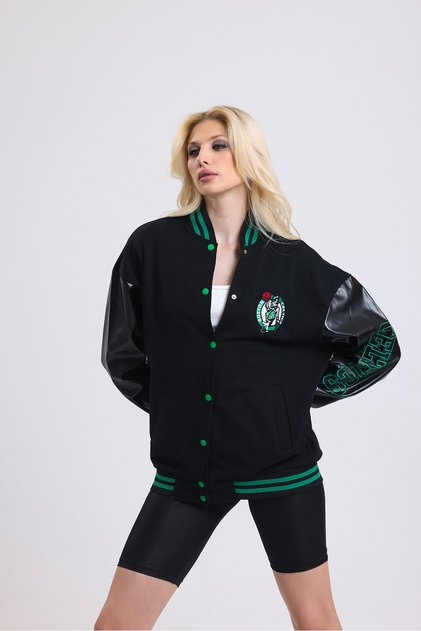 Unisex Siyah Beyaz Polar Kolej Ceket