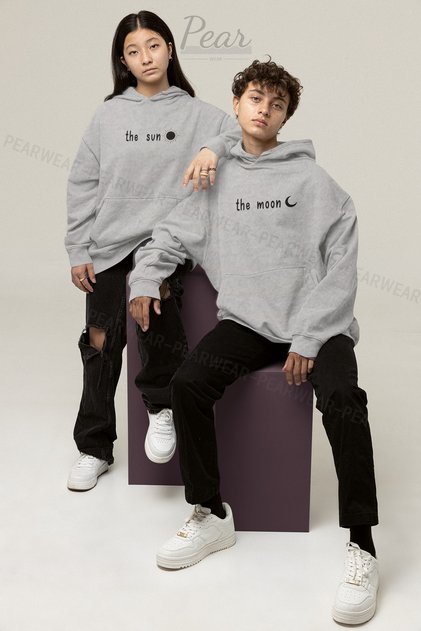 The Moon The Sun Printed Sun Moon 3 Thread Raster Lover Set Oversize Hooded Couple Sweatshirt