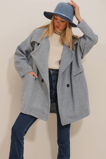 Navy Blue Double-Breasted Collar Fish Scale Patterned Cashmere Pocketed Coat Alc-X10823