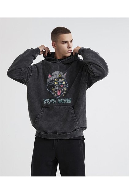 You Bum Cat Printed Washed Vintage Unisex Oversize Hooded Sweatshirt