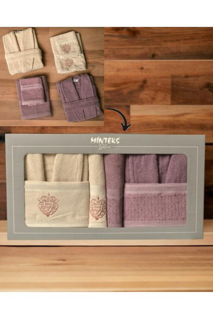 Minteks Silver Purple-Beige 6 Piece Bathrobe Set with Towels - Family Bathroom Towel Bathrobe Set